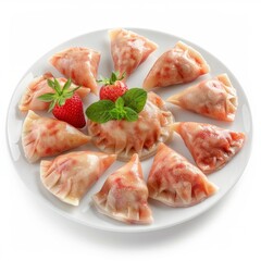 Delicious strawberry dumplings arranged on a white plate, garnished with fresh mint and juicy strawberries, creating a visually appealing culinary presentation