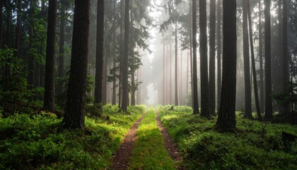 Obraz premium Enchanted forest path, a mystical journey through the foggy woods misty