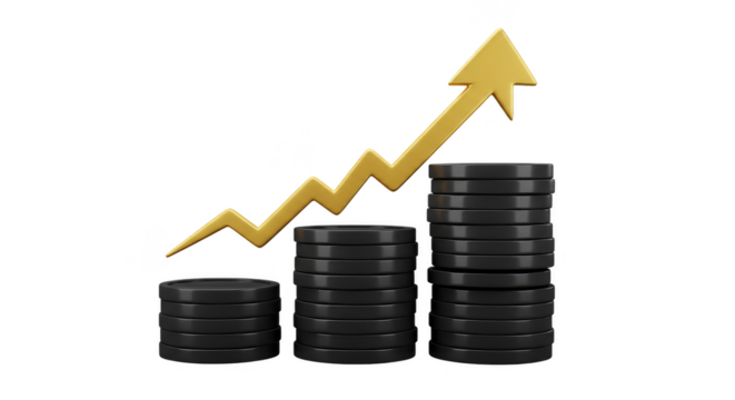 3d Golden Arrow on Black Coins Represents Financial Success Growth