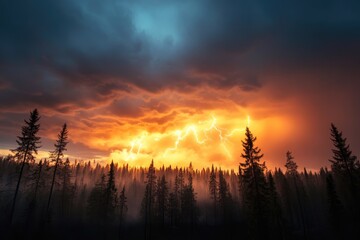 Naklejka premium Silhouetted forest against dramatic sunset sky with vibrant colors