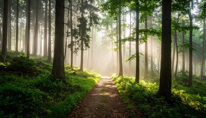 Fototapeta premium Sundrenched path through a serene forest, tranquil morning walk in nature