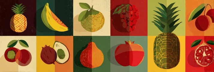 Tropical Fruit Icons in a Vibrant Flat Composition With Textured Overlay, Showcasing Various Fruits in a Colorful Design