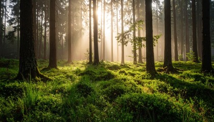 Obraz premium Sundrenched forest canopy, a serene landscape of sunlight and trees sunlight