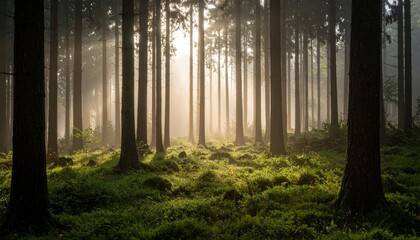 Naklejka premium Magical sunbeam piercing through a mystical forest canopy, breathtaking nature scene