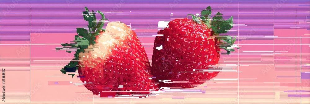 Poster floating pixel-style strawberries against a glitch background with an open top third, blending digit