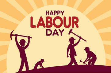 Silhouette of Workers Raising Tools with Happy Labour Day Text and Sunburst Background