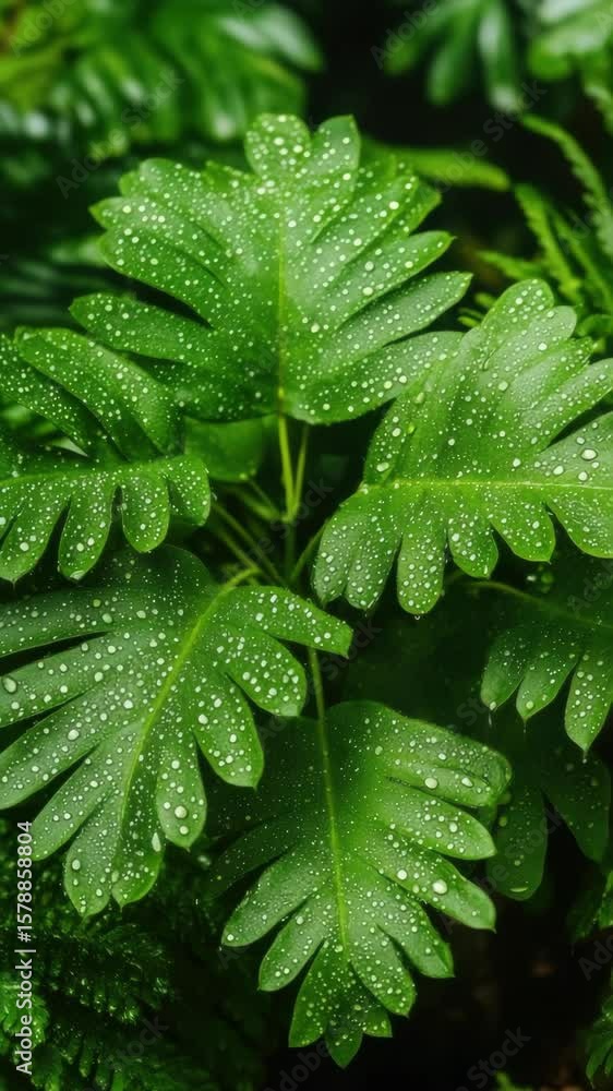 Poster this captures the delicate interaction of a raindrop with a leafy fern, emphasizing the beauty in na