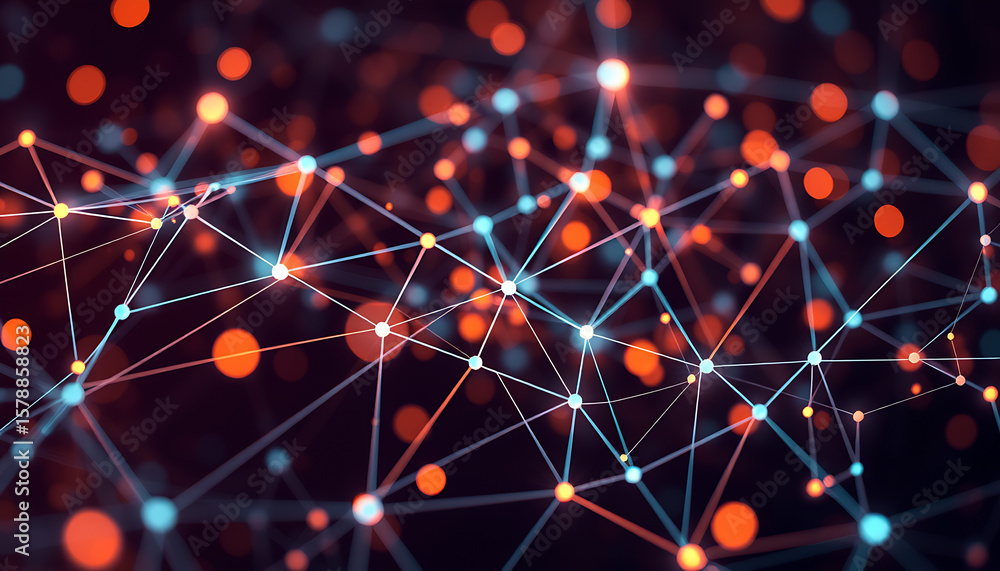Poster abstract network of connected nodes and spheres with glowing light