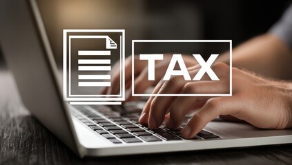Hands typing on laptop, tax document overlay