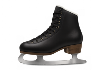Classic black ice skates with white fur lining, wooden base, and metal blade, isolated on a transparent background, perfect for winter sports and recreation themes