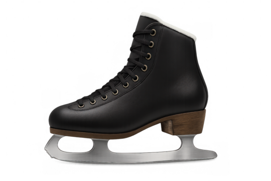 Classic black ice skates with white fur lining, wooden base, and metal blade, isolated on a transparent background, perfect for winter sports and recreation themes
