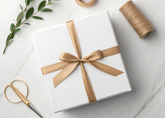 A beautifully wrapped white gift box adorned with a luxurious gold satin ribbon and bow positioned on a marble surface alongside decorative elements like scissors and twine ready for gifting