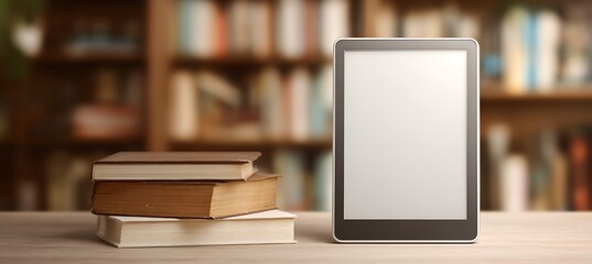 E-reader device on right, book-themed background blurred, clean left for branding 