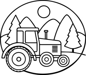 tractor in a field black outline vector and illustration, coloring book page