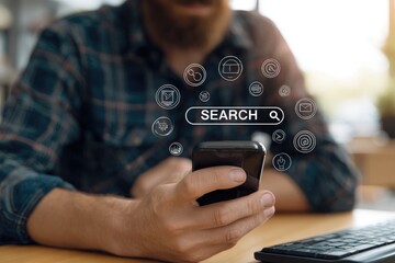 Person using smartphone with search bar overlay