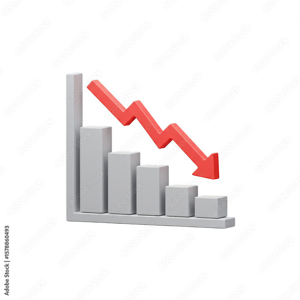 Poster 3d illustration declining graph with red arrow showing downward trend