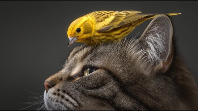 A close-up shot of a cat with a yellow bird perched on its head. This unique scene highlights the harmony between nature and animal coexistence.