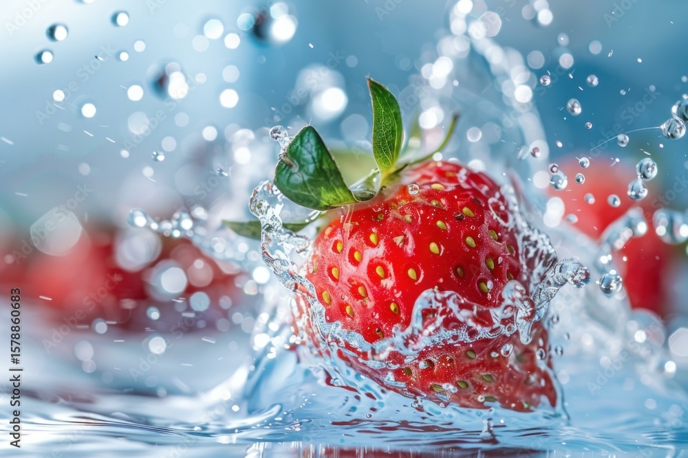 Poster ripe red strawberry splashing into clear water, creating a dynamic splash with droplets and ripples