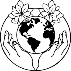 Hands holding Earth outline vector and illustration, coloring book page