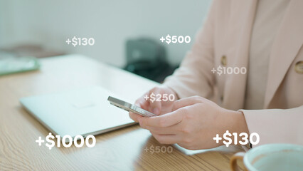 Asian woman earning money online with a smartphone, showing financial success with pop-up dollar notifications. Concept of passive income, cashback rewards, and digital banking.