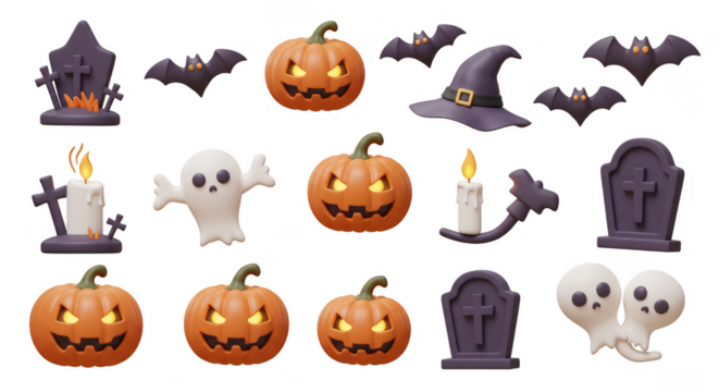 3D Halloween Scene Featuring Pumpkins Bats Ghosts Candles Tombstones