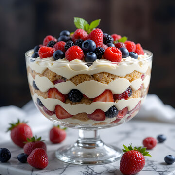 Tiramisu Trifle with Berries in a Glass Bowl A colorful mix of classic tiramisu and fresh mixed berries&mdash;blueberries, raspberries, and strawberries&mdash;layered beautifully in a trifle bowl with dramatic li