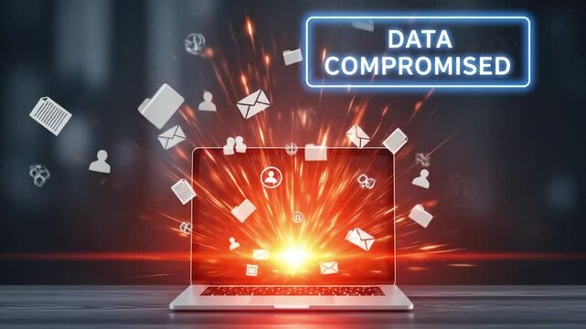 A laptop screen explodes with data compromised icons, symbolizing a cybersecurity breach and the importance of data protection