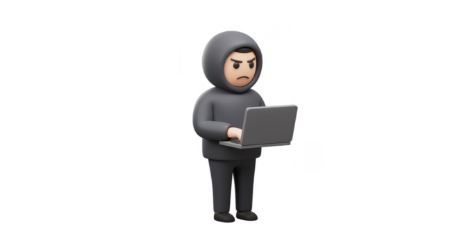 3D Hacker with Laptop in Hoodie Cartoon Character Anonymous Technology - Powered by Adobe