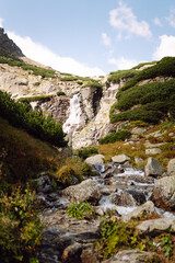 A narrow rocky path through bright green bushes with an inspiring waterfall among the rocks. Breathtaking natural mountain scenery with a waterfall in the rays of the sun. Concept of peace.