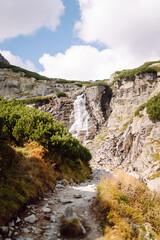 A narrow rocky path through bright green bushes with an inspiring waterfall among the rocks. Breathtaking natural mountain scenery with a waterfall in the rays of the sun. Concept of peace.