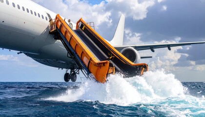 Airplane emergency slide deployment over ocean waves with dramatic clouds in the background