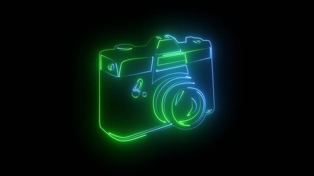 Abstract rendering glowing neon symbol of photo camera animation. Neon camera icon multicolor glowing animation