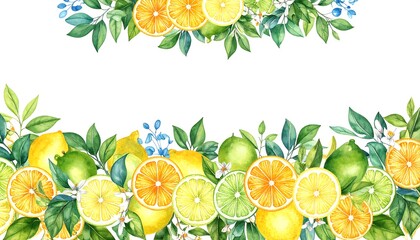 Watercolor citrus fruit and leaves border
