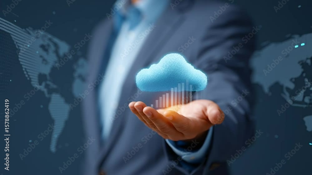 Aufkleber businessman holding a cloud with data graphs, symbolizing cloud computing and global technology