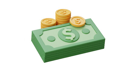 3D Illustration of Stacked Dollar Bills and Golden Coins Wealth