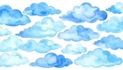 Watercolor clouds in shades of blue on white background
