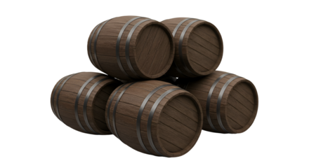 3D Isolated Pile of Rustic Brown Wooden Barrels Stacked on Transparent