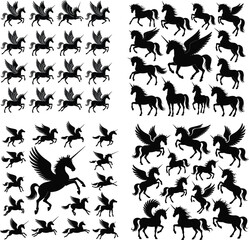 Black silhouettes of winged unicorns and horses pegasus