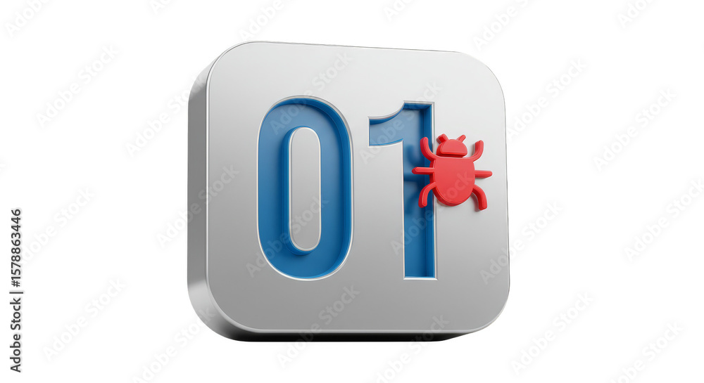Poster 3d number zero one with bug metallic on transparent background
