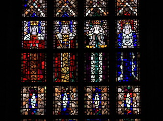 Nieuwe Kerk Church Stained Glass Window Detail with Standing Crowned Women in Delft, Netherlands