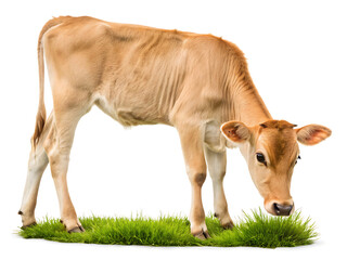 Fototapeta premium A light brown calf grazing on a patch of green grass against a plain white background in studio shot