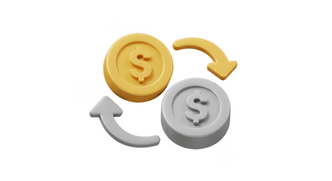3D Illustration of Gold and Silver Coins Exchanging on Transparent BG - Powered by Adobe