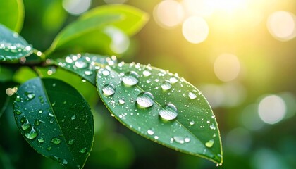 Magnificent macro photography, sparkling water droplets adorning lush green leaves