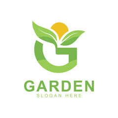 Green plant letter G logo design, natural garden logo, letter g plant with sun, gardening, agriculture.