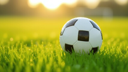Fototapeta premium A classic soccer ball with fresh dew drops rests on a lush green grass field. The beautiful golden light of a sunrise or sunset in the background creates a calm and hopeful atmosph