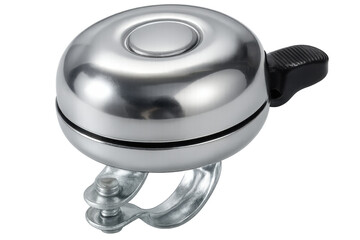 Polished metal bicycle bell gleaming, sitting ready for handlebar mounting against clean transparent backdrop