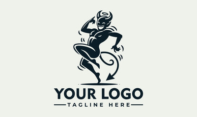 Stylized devil figure dancing with a tail ending in an arrow, logo concept.