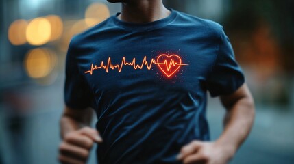 Man jogging in smart shirt with digital heart rate graph illustrating wearable fitness and health monitoring technology.