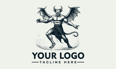 Powerful demon figure with wings, in a dynamic pose, for a logo design.