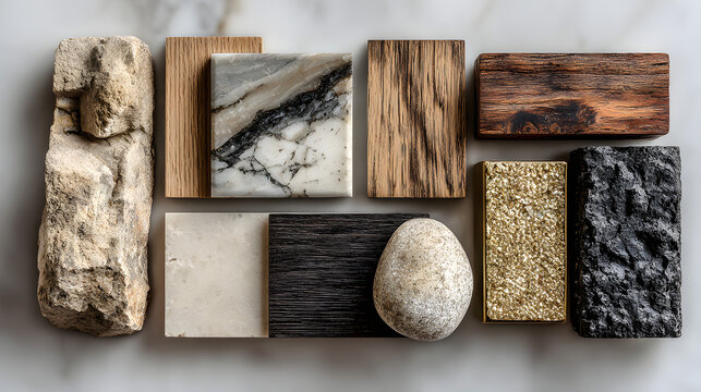interior design material sample moodboard with luxury surfaces like marble and wood